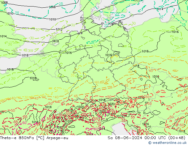 Theta-e 850hPa Arpege-eu sab 08.06.2024 00 UTC