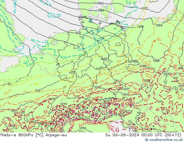 Theta-e 850hPa Arpege-eu Su 09.06.2024 00 UTC
