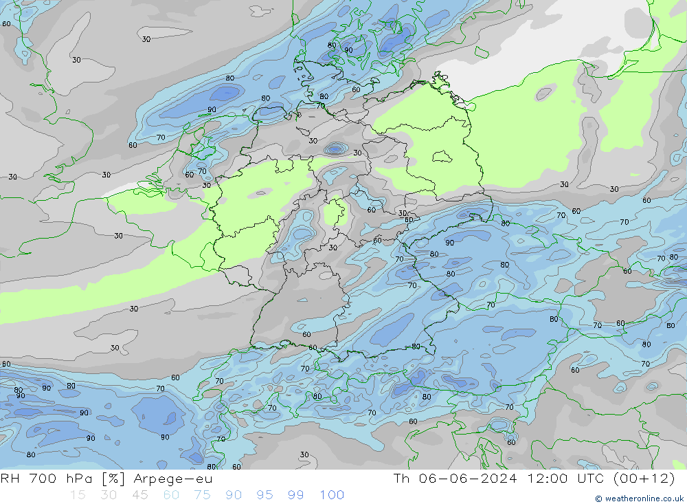 Humidité rel. 700 hPa Arpege-eu jeu 06.06.2024 12 UTC