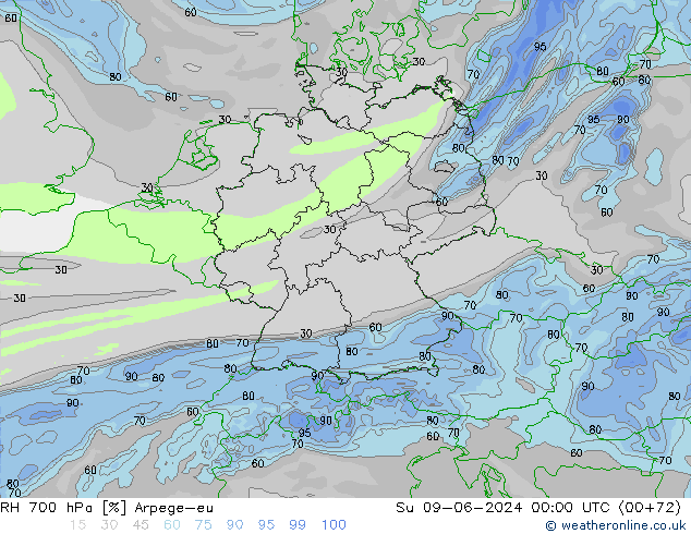 RH 700 hPa Arpege-eu So 09.06.2024 00 UTC