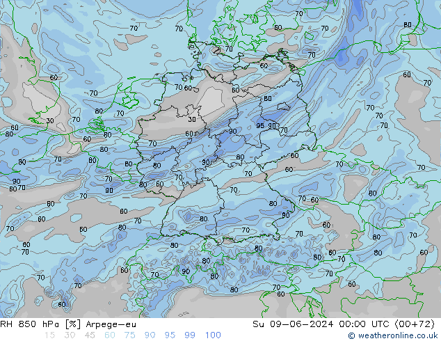 RH 850 hPa Arpege-eu Dom 09.06.2024 00 UTC