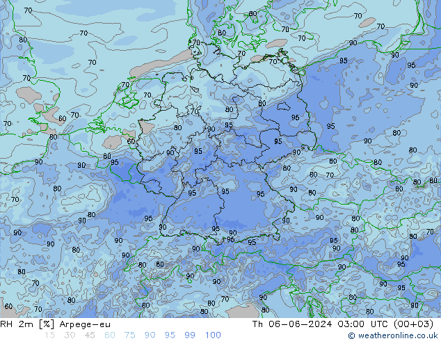 Humedad rel. 2m Arpege-eu jue 06.06.2024 03 UTC