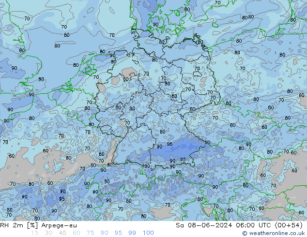 RH 2m Arpege-eu Sa 08.06.2024 06 UTC