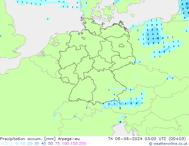 Precipitation accum. Arpege-eu Čt 06.06.2024 03 UTC