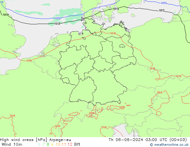 High wind areas Arpege-eu Th 06.06.2024 03 UTC