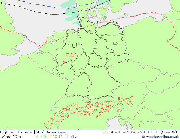 High wind areas Arpege-eu gio 06.06.2024 09 UTC