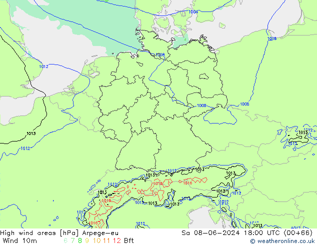 High wind areas Arpege-eu  08.06.2024 18 UTC