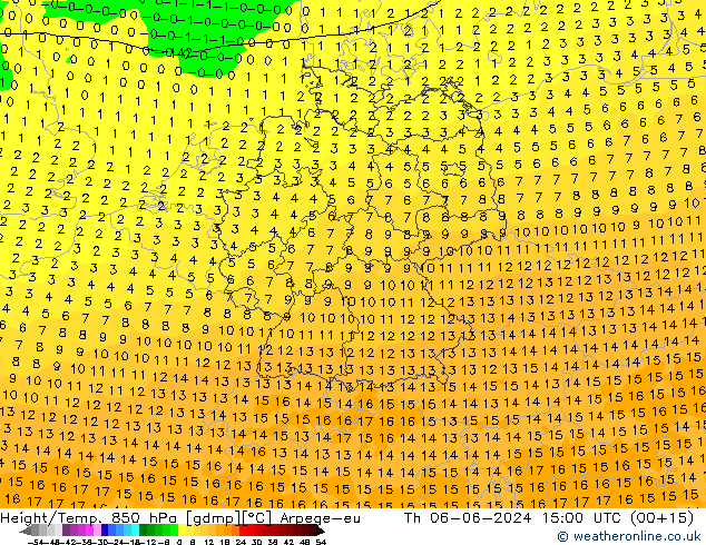 Geop./Temp. 850 hPa Arpege-eu jue 06.06.2024 15 UTC