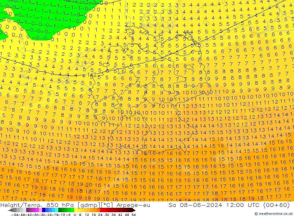 Géop./Temp. 850 hPa Arpege-eu sam 08.06.2024 12 UTC