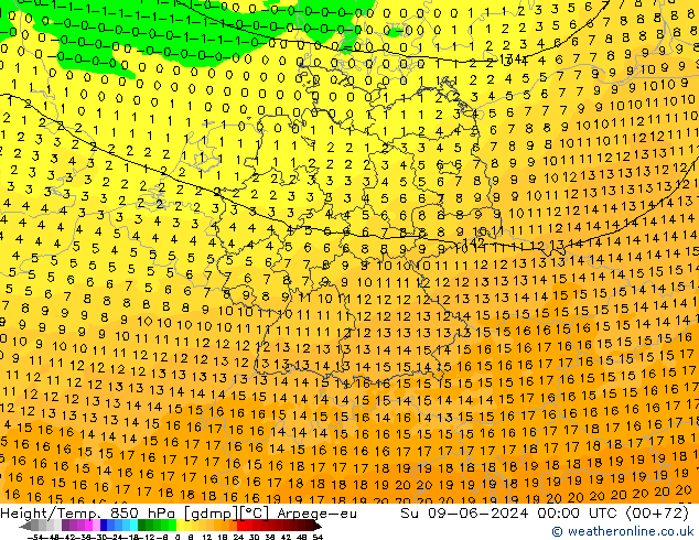 Yükseklik/Sıc. 850 hPa Arpege-eu Paz 09.06.2024 00 UTC