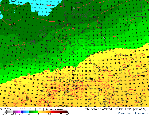 SLP/Temp. 850 гПа Arpege-eu чт 06.06.2024 15 UTC