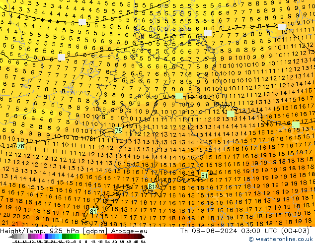 Height/Temp. 925 hPa Arpege-eu gio 06.06.2024 03 UTC