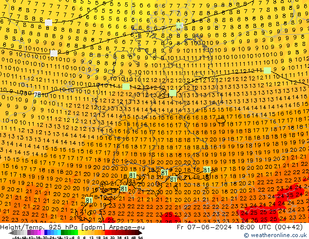 Height/Temp. 925 hPa Arpege-eu ven 07.06.2024 18 UTC