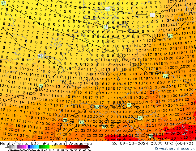 Geop./Temp. 925 hPa Arpege-eu dom 09.06.2024 00 UTC