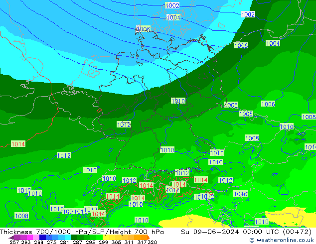 Schichtdicke 700-1000 hPa Arpege-eu So 09.06.2024 00 UTC