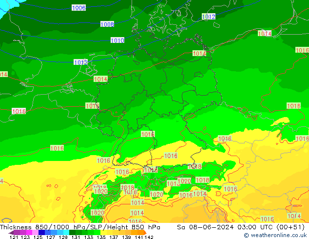 Schichtdicke 850-1000 hPa Arpege-eu Sa 08.06.2024 03 UTC