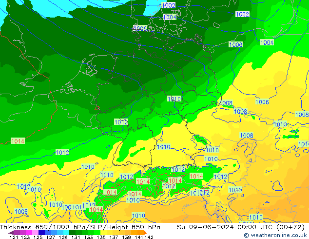 Dikte 850-1000 hPa Arpege-eu zo 09.06.2024 00 UTC