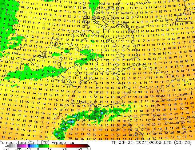 température (2m) Arpege-eu jeu 06.06.2024 06 UTC