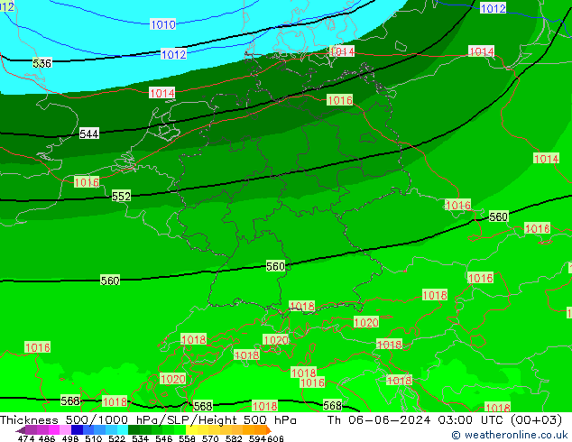 Espesor 500-1000 hPa Arpege-eu jue 06.06.2024 03 UTC