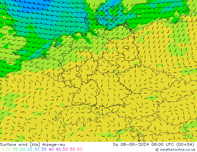 wiatr 10 m Arpege-eu so. 08.06.2024 06 UTC