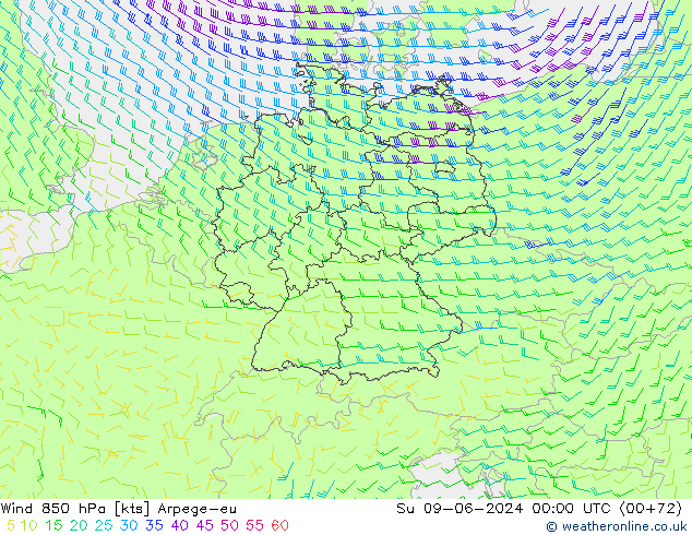 Wind 850 hPa Arpege-eu So 09.06.2024 00 UTC