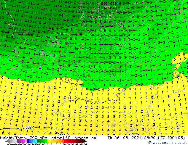 Height/Temp. 700 гПа Arpege-eu чт 06.06.2024 06 UTC