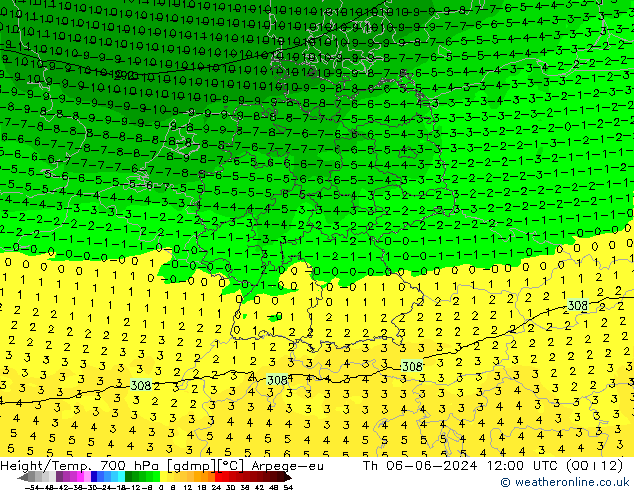 Geop./Temp. 700 hPa Arpege-eu jue 06.06.2024 12 UTC