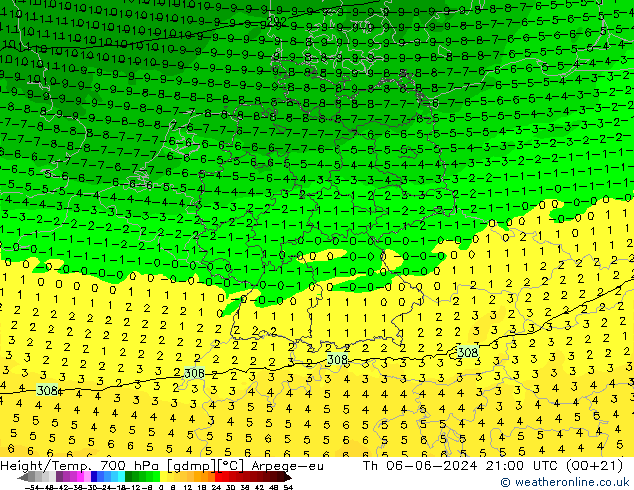 Geop./Temp. 700 hPa Arpege-eu jue 06.06.2024 21 UTC