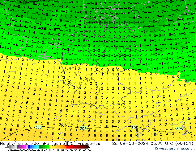 Height/Temp. 700 hPa Arpege-eu Sa 08.06.2024 03 UTC