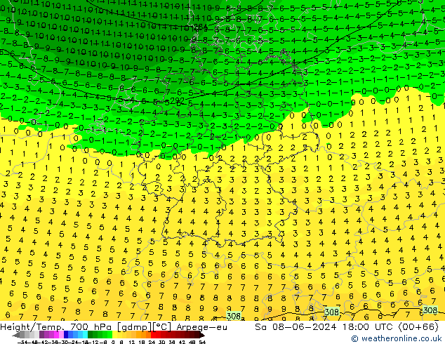 Yükseklik/Sıc. 700 hPa Arpege-eu Cts 08.06.2024 18 UTC