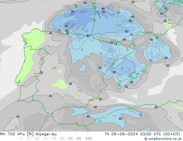 RH 700 hPa Arpege-eu Čt 06.06.2024 03 UTC