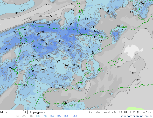 RH 850 hPa Arpege-eu Ne 09.06.2024 00 UTC