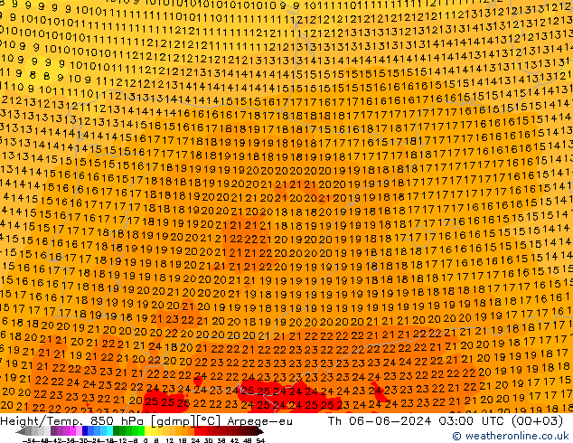 Height/Temp. 850 гПа Arpege-eu чт 06.06.2024 03 UTC