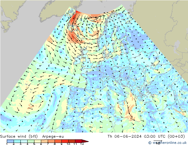 Surface wind (bft) Arpege-eu Th 06.06.2024 03 UTC