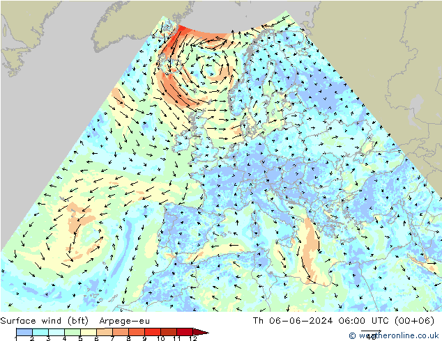 Vento 10 m (bft) Arpege-eu gio 06.06.2024 06 UTC