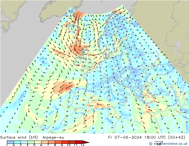 Bodenwind (bft) Arpege-eu Fr 07.06.2024 18 UTC
