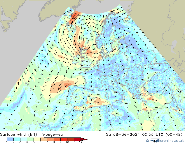 Bodenwind (bft) Arpege-eu Sa 08.06.2024 00 UTC