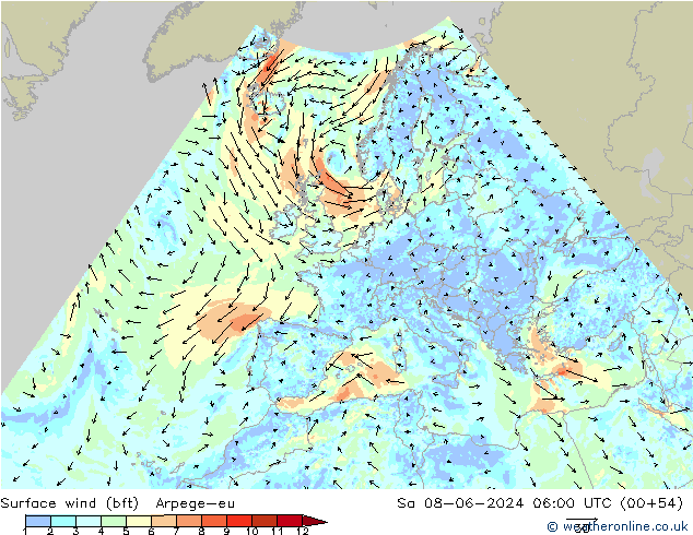 Vento 10 m (bft) Arpege-eu sab 08.06.2024 06 UTC