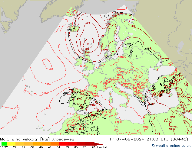 Max. wind velocity Arpege-eu пт 07.06.2024 21 UTC