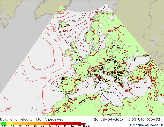 Max. wind velocity Arpege-eu so. 08.06.2024 15 UTC