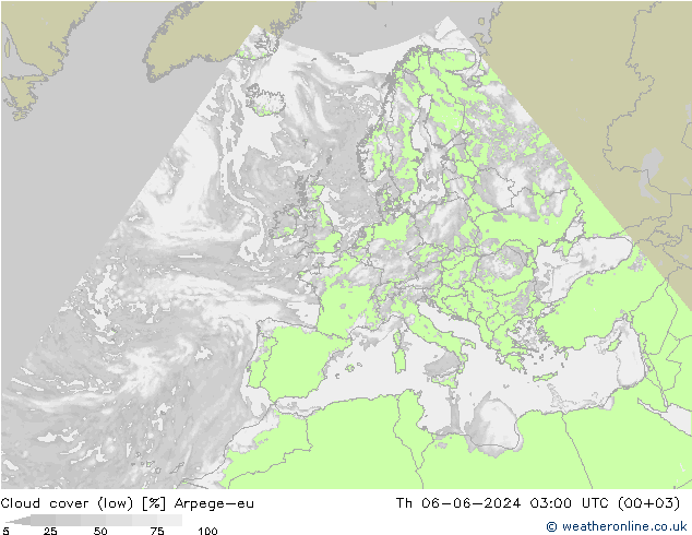 Cloud cover (low) Arpege-eu Th 06.06.2024 03 UTC