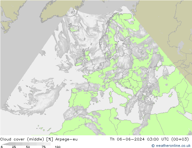 Cloud cover (middle) Arpege-eu Th 06.06.2024 03 UTC