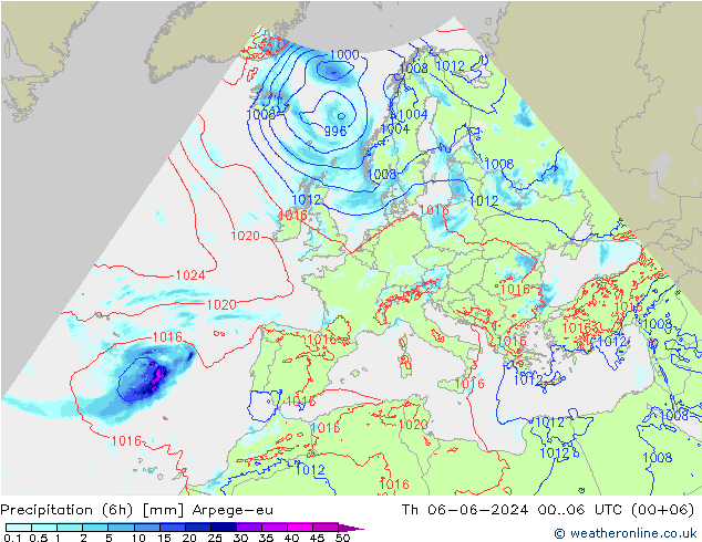 Precipitation (6h) Arpege-eu Th 06.06.2024 06 UTC