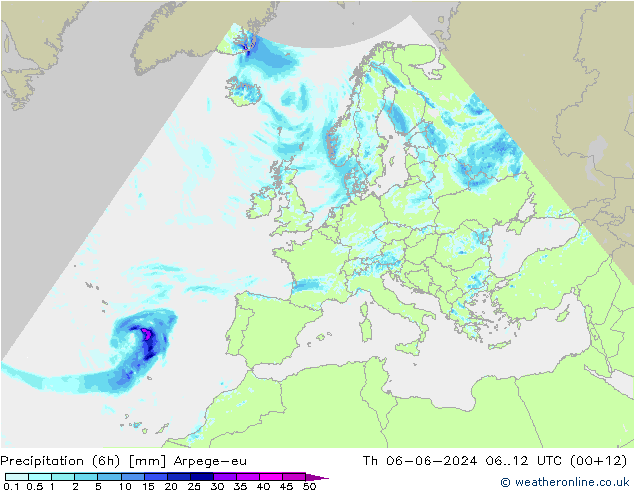 Precipitação (6h) Arpege-eu Qui 06.06.2024 12 UTC