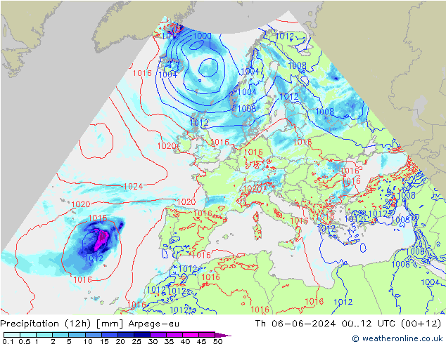 Precipitation (12h) Arpege-eu Th 06.06.2024 12 UTC