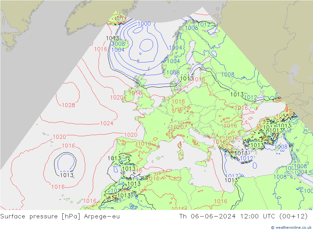 Pressione al suolo Arpege-eu gio 06.06.2024 12 UTC