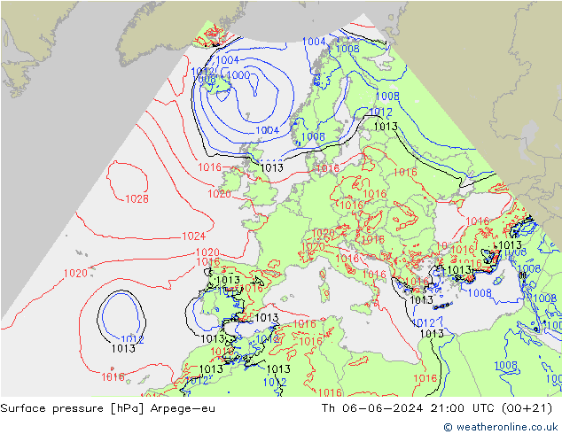 地面气压 Arpege-eu 星期四 06.06.2024 21 UTC