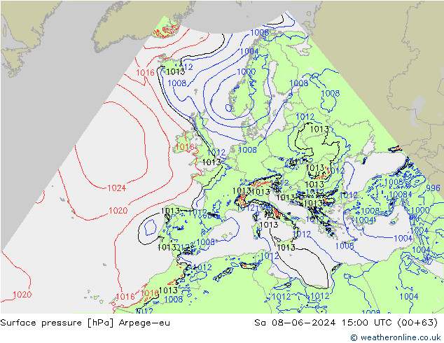 Presión superficial Arpege-eu sáb 08.06.2024 15 UTC