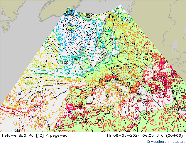 Theta-e 850hPa Arpege-eu gio 06.06.2024 06 UTC