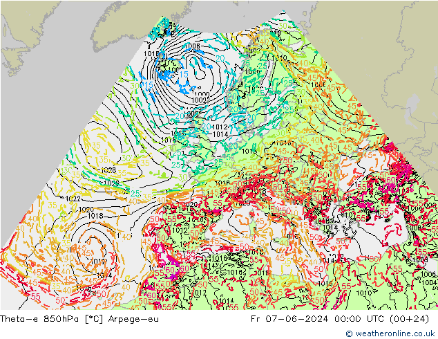 Theta-e 850hPa Arpege-eu ven 07.06.2024 00 UTC